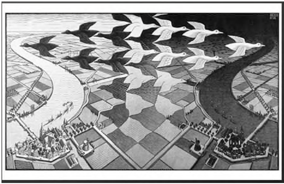 M. C. Escher ， 《白天與黑夜》 ，木刻版畫， 1938