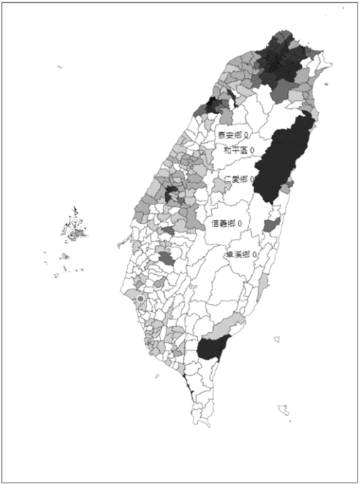 2021 年 COVID-19 臺灣本土病例空間分布示意地圖