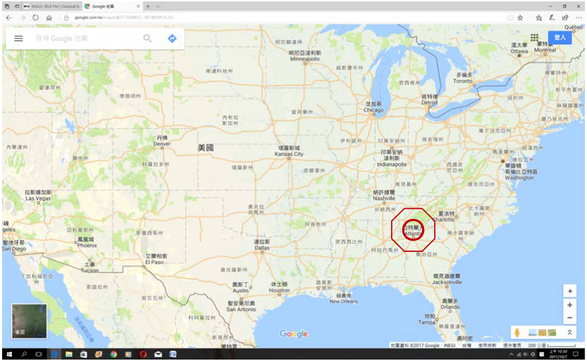 圖一 美國地圖,圓圈為 ATL 位置,八角型區域為可能的流量管制範圍示意圖。