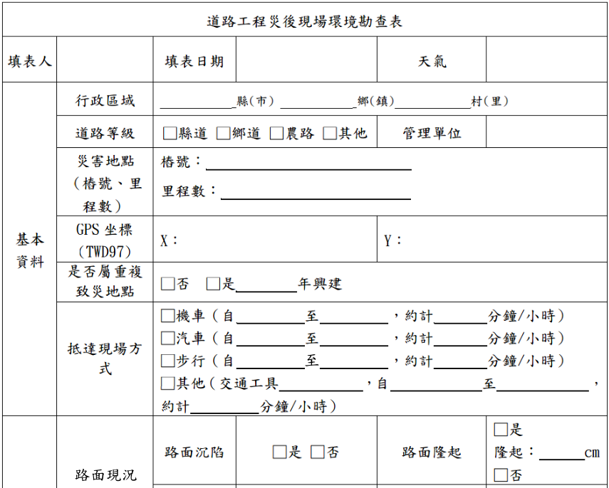 表 1 道路工程災後現場環境勘查表部分內容